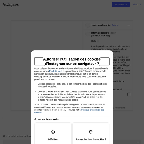 Capture d'écran du site de l'annonce